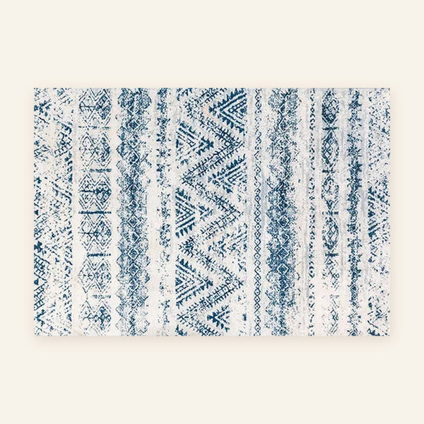 Tapis Beni Ouarain Taskurt, bandes bleu délavé, vu à plat
