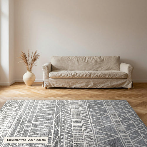 Tapis Beni Ouarain Tafalkayt, bandes gris chiné posé dans un salon, taille 200 × 300 cm