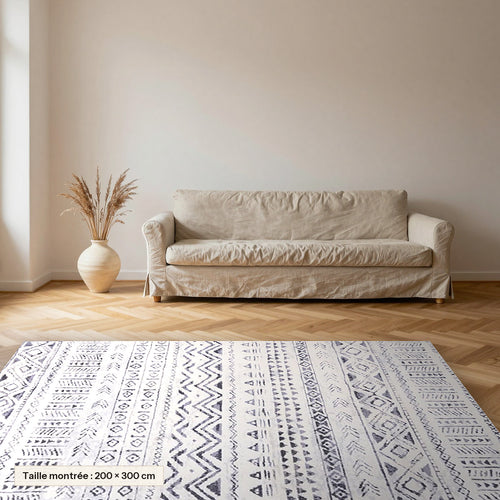 Tapis Beni Ouarain Tazrurt, bandes gris pâle posé dans un salon, taille 200 × 300 cm