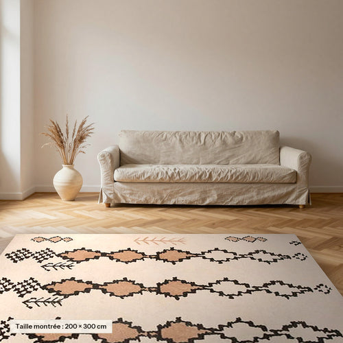 Tapis Beni Ouarain Sifaw, écru et brun posé dans un salon, taille 200 × 300 cm
