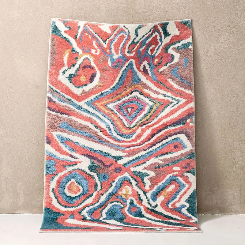 Tapis berbère coloré Idir, bleu et corail, vu de dessus