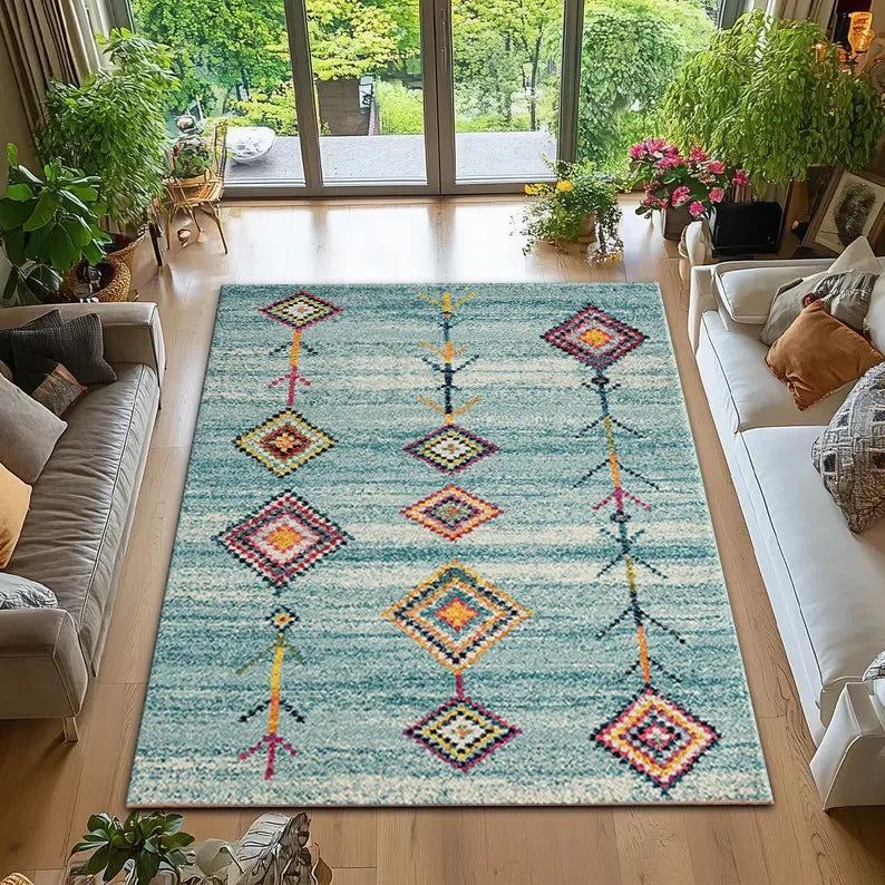 Tapis berbère coloré Masin, turquoise à losanges, vu de dessus