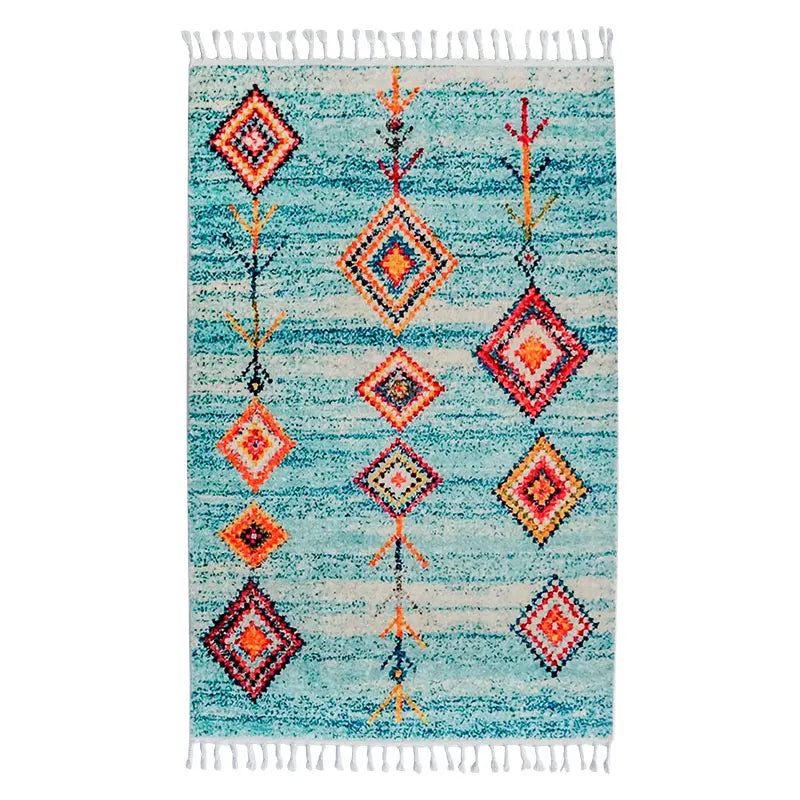 Tapis berbère coloré Numidya, turquoise à losanges, vu de dessus