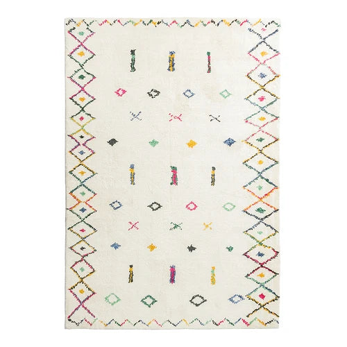 Tapis berbère coloré Tadmit, écru à touches colorées, vu de dessus