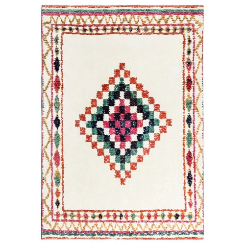Tapis berbère coloré Taziri, médaillon rose et vert, vu de dessus