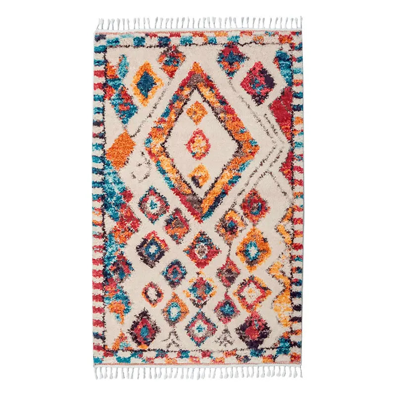 Tapis berbère coloré Tinhinan, écru à losanges vifs, vu de dessus