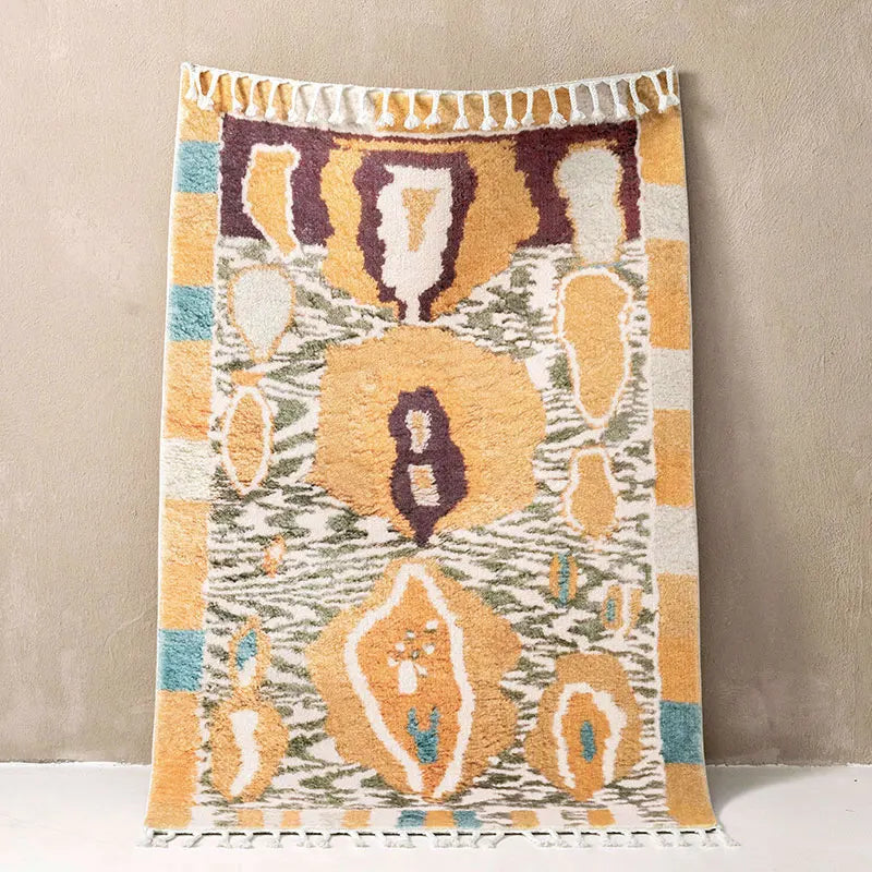 Tapis berbère coloré Tunaruz, moutarde et brun, vu de dessus
